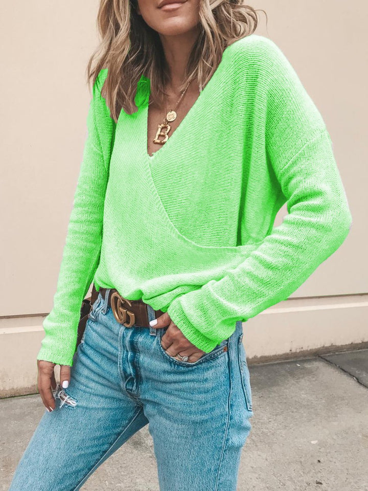 Women's Light Oversized Knit Sweater with Wrap Look and V-Neck Mune Fashion