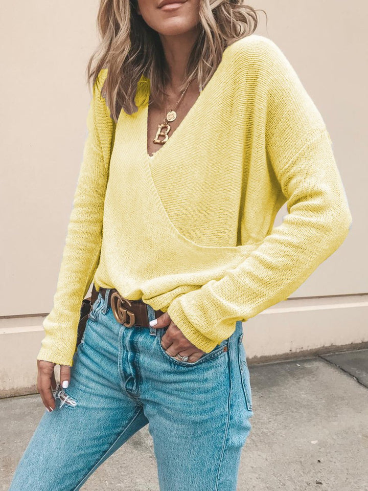 Women's Light Oversized Knit Sweater with Wrap Look and V-Neck Mune Fashion