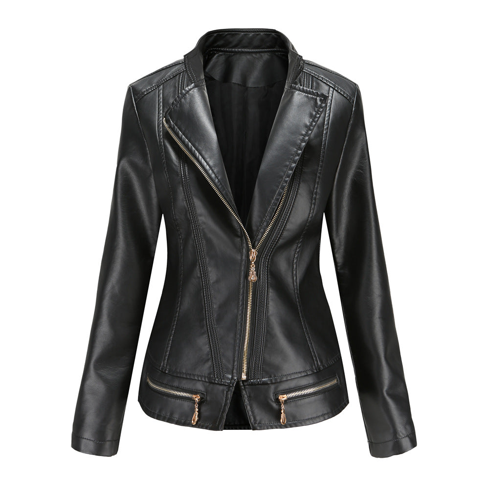 Women's tailored faux leather blazer with diagonal zipper and decorative seams Mune Fashion