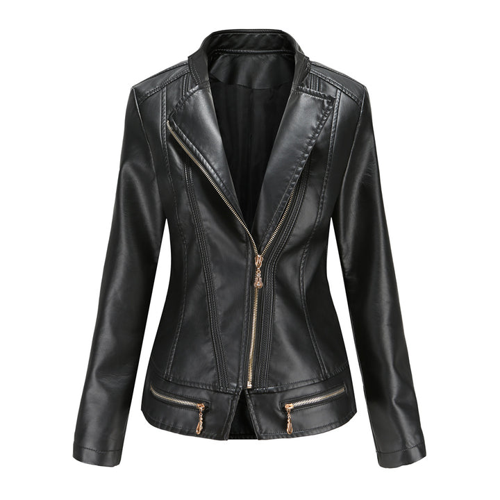 Women's tailored faux leather blazer with diagonal zipper and decorative seams Mune Fashion