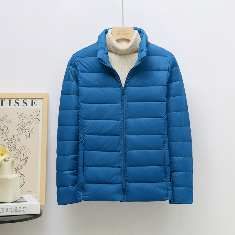 Women's down jacket, lightweight, stand collar, short