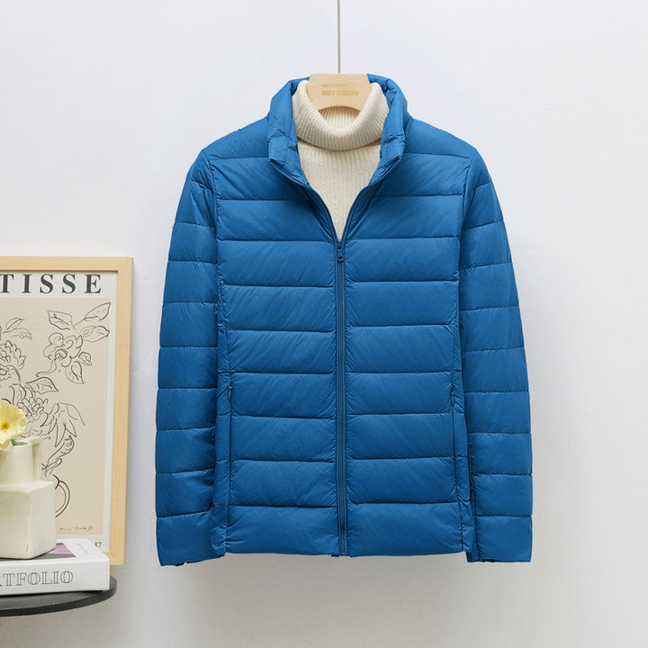 Women's down jacket, lightweight, stand collar, short