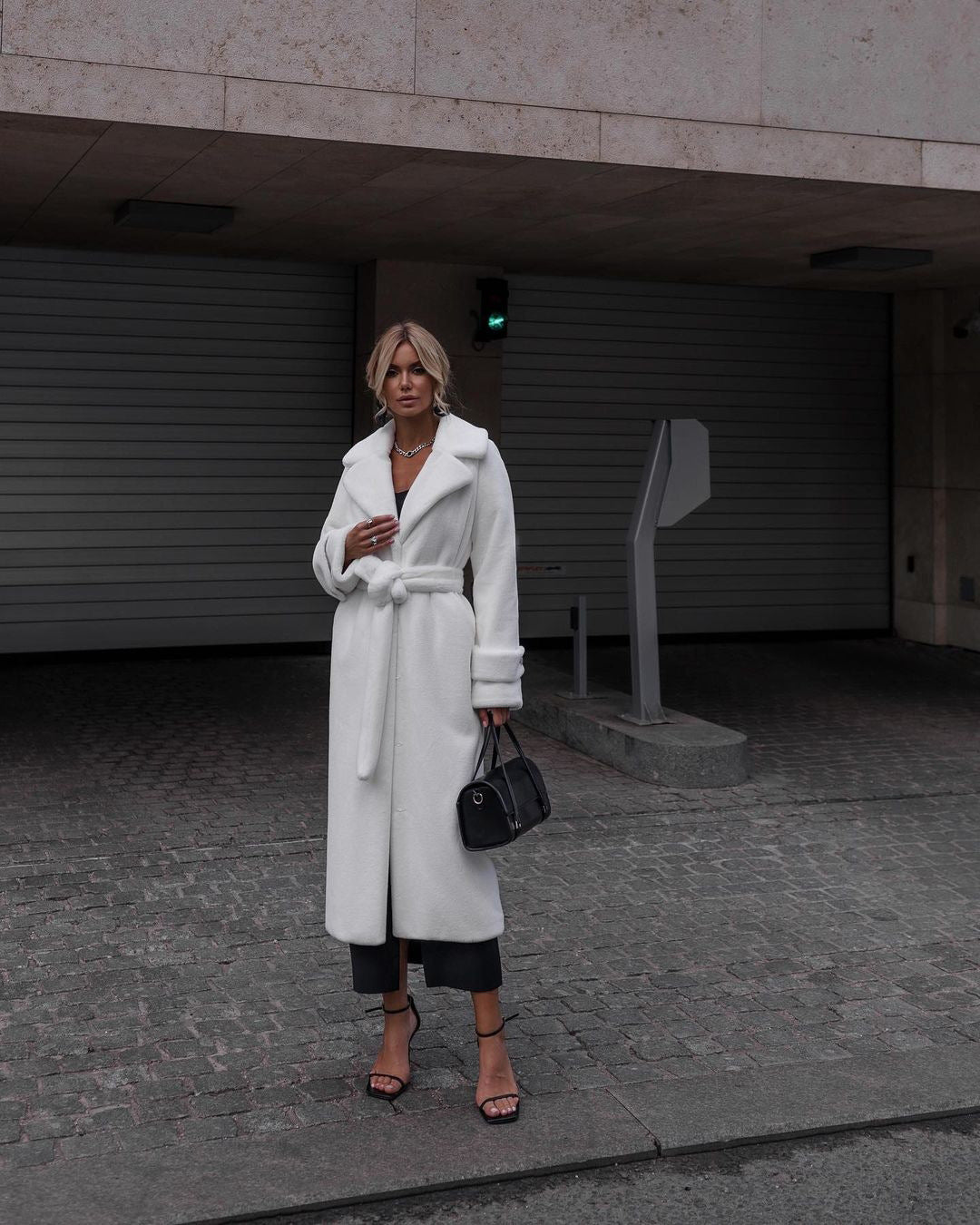 Long faux fur coat, knee-length