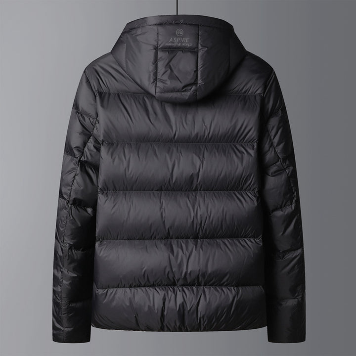 Warm men's down jacket with hood