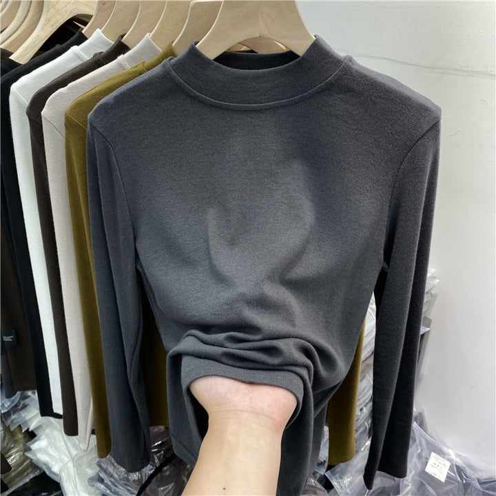 Women’s Long Sleeve Shirt with Stand Collar and Brushed Inner Side