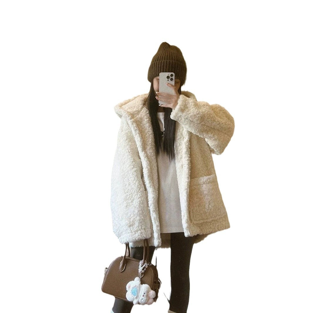 Women's coat, lambskin look, hood, padded