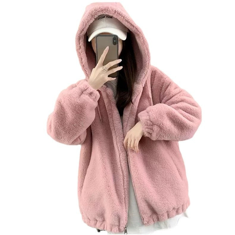 Padded hoodie coat made of lamb fleece