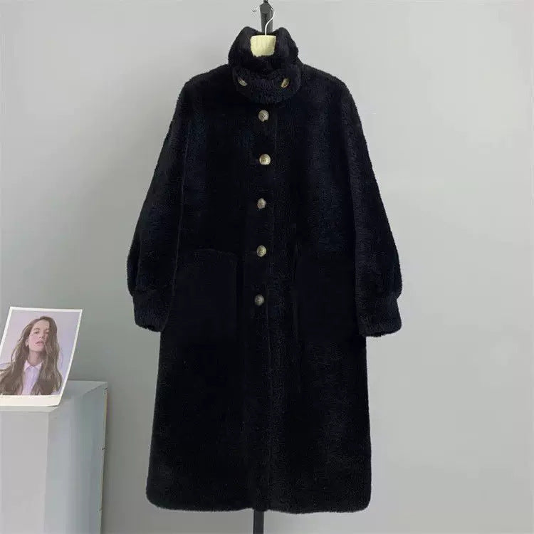 Women's coat made of faux lamb fur, mid-length, casual