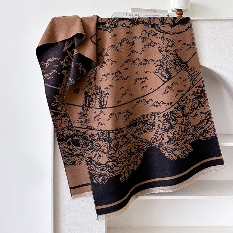 Jacquard scarf with landscape motif, art cashmere, 180x65 cm
