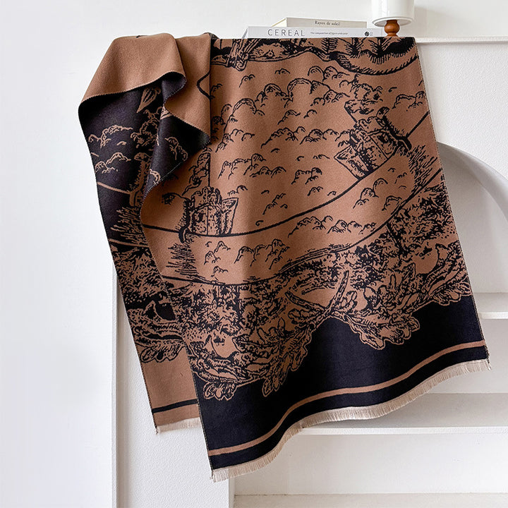 Jacquard scarf with landscape motif, art cashmere, 180x65 cm