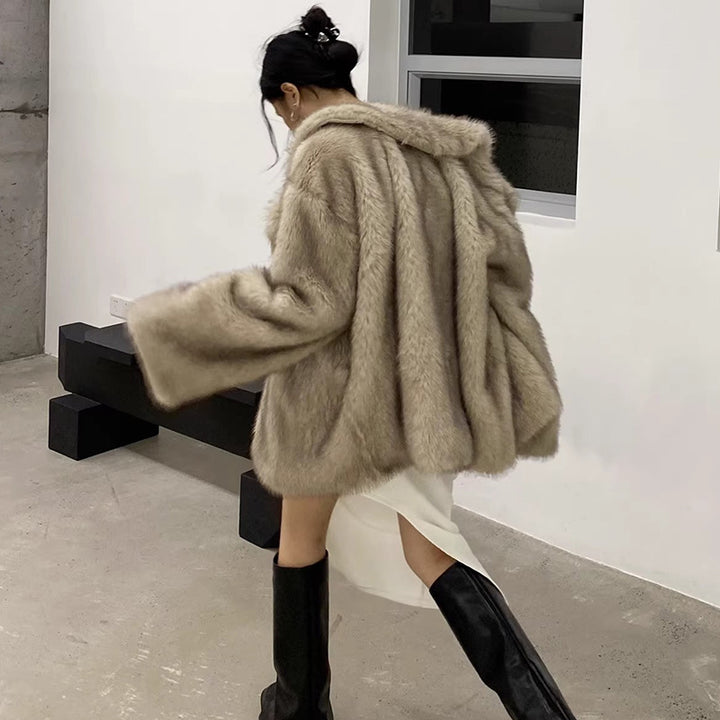 Women’s fur coat, medium length, artificial fur, winter