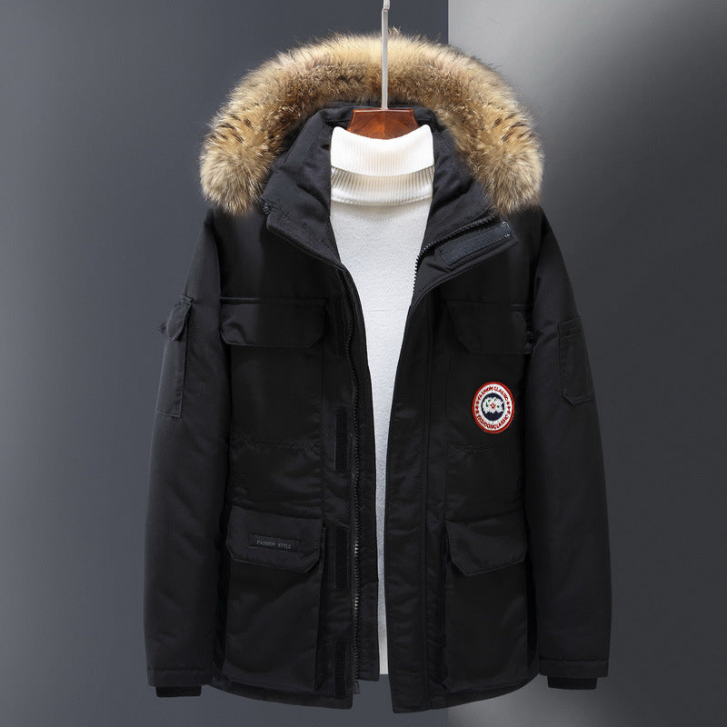 Men's down parka, mid-length, for outdoor activities