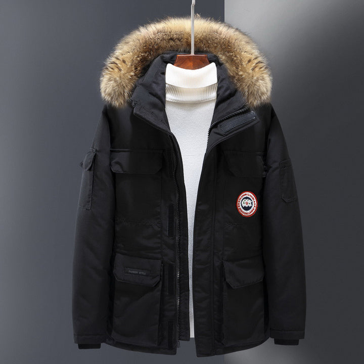 Men's down parka, mid-length, for outdoor activities
