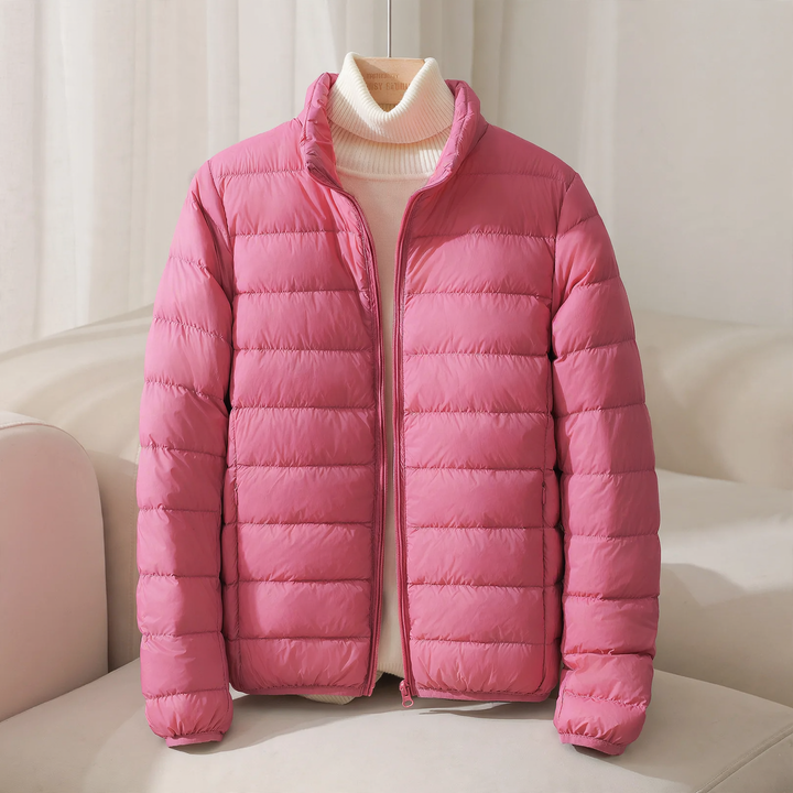 Short, lightweight women's down jacket, stand collar