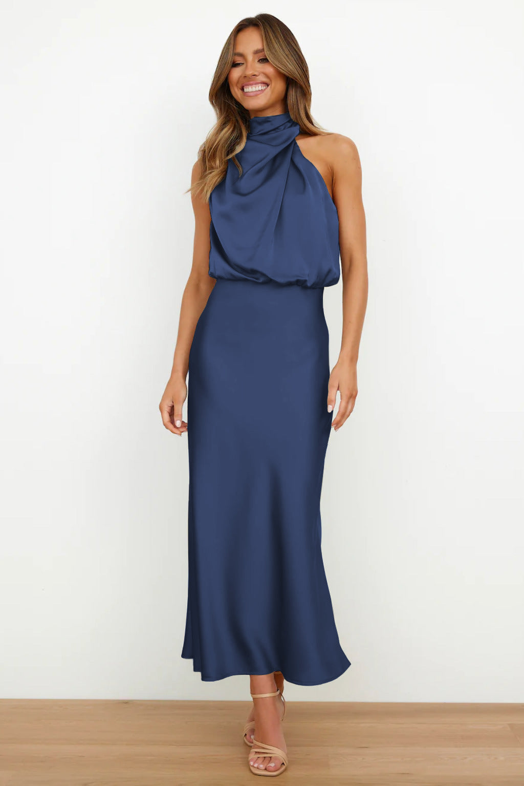 Long satin dress with halter neck