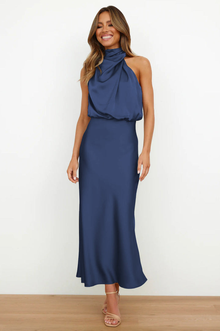 Long satin dress with halter neck