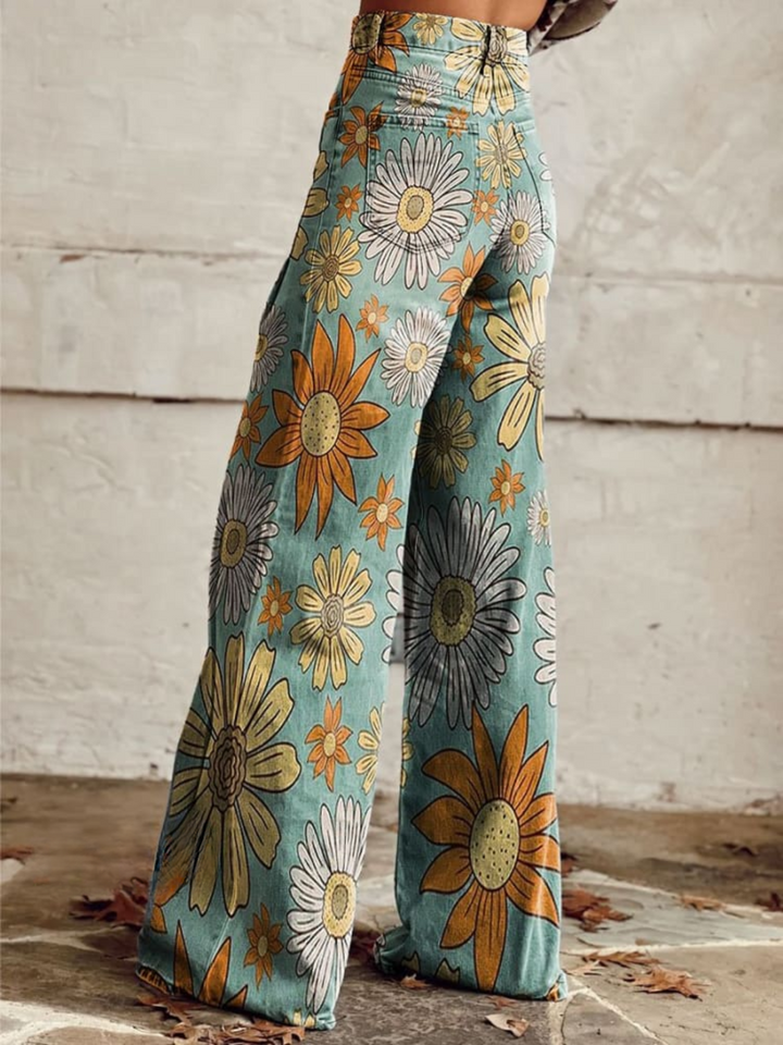 Wide Leg Jeans with Bold Floral Print for Women