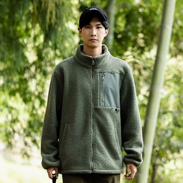 Unisex fleece jacket with stand-up collar and pockets