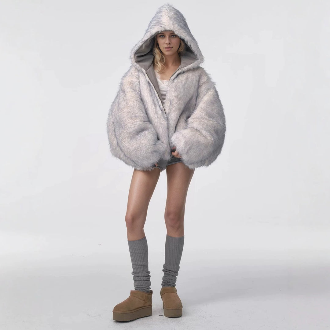 Reversible hooded jacket made of suede imitation and faux fur