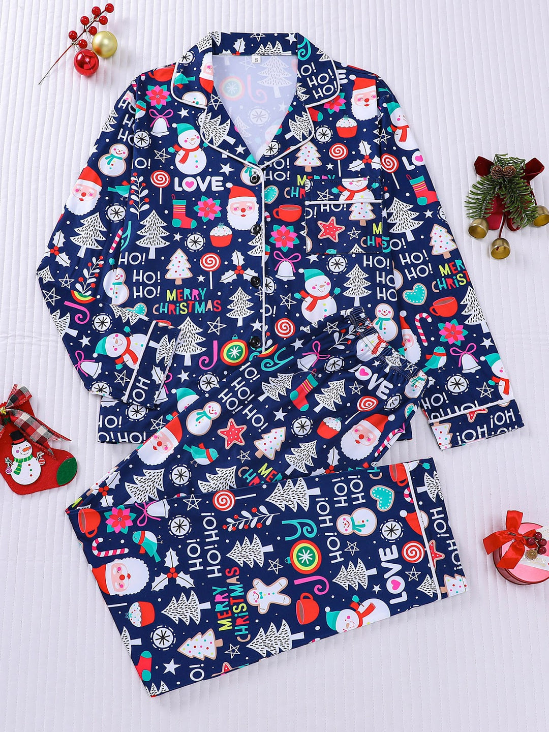 Women's Pajama Set, Long Sleeve, Christmas Motif, Notched Collar