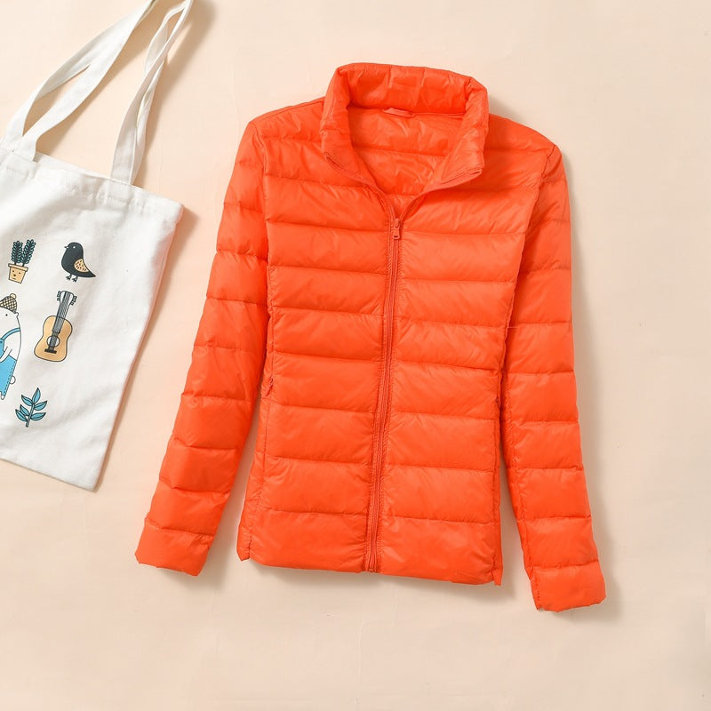 Women's down jacket, short, standing collar, tailored, with duck down