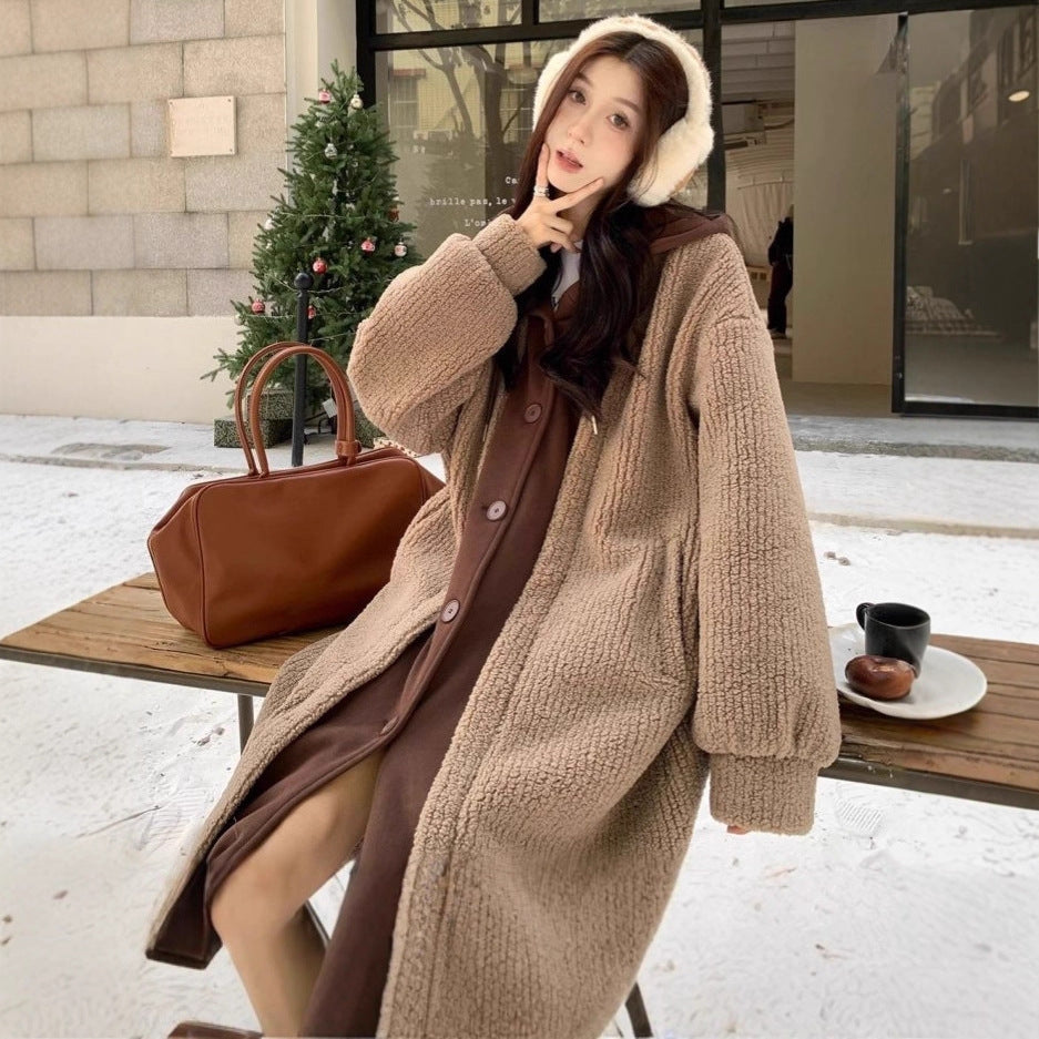 Long women's hooded jacket in layered look with lambskin appearance