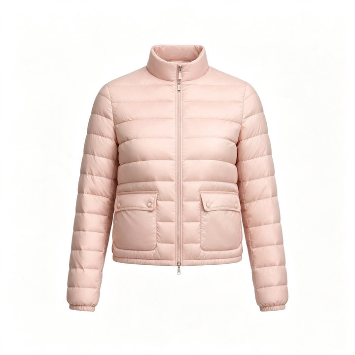Light women's down jacket, stand-up collar, white goose down
