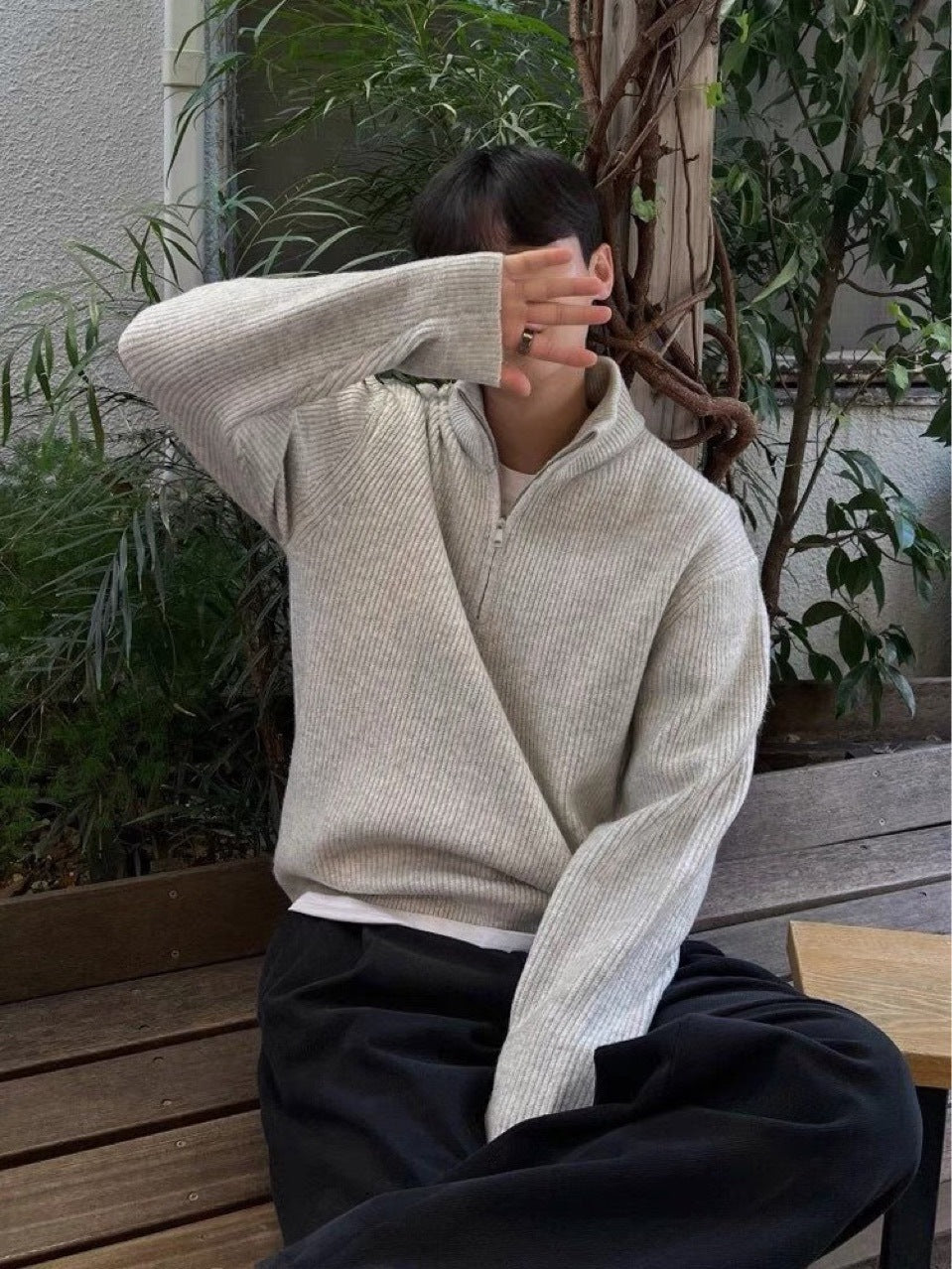 Men's Knit Sweater with Stand-Up Collar and Zipper