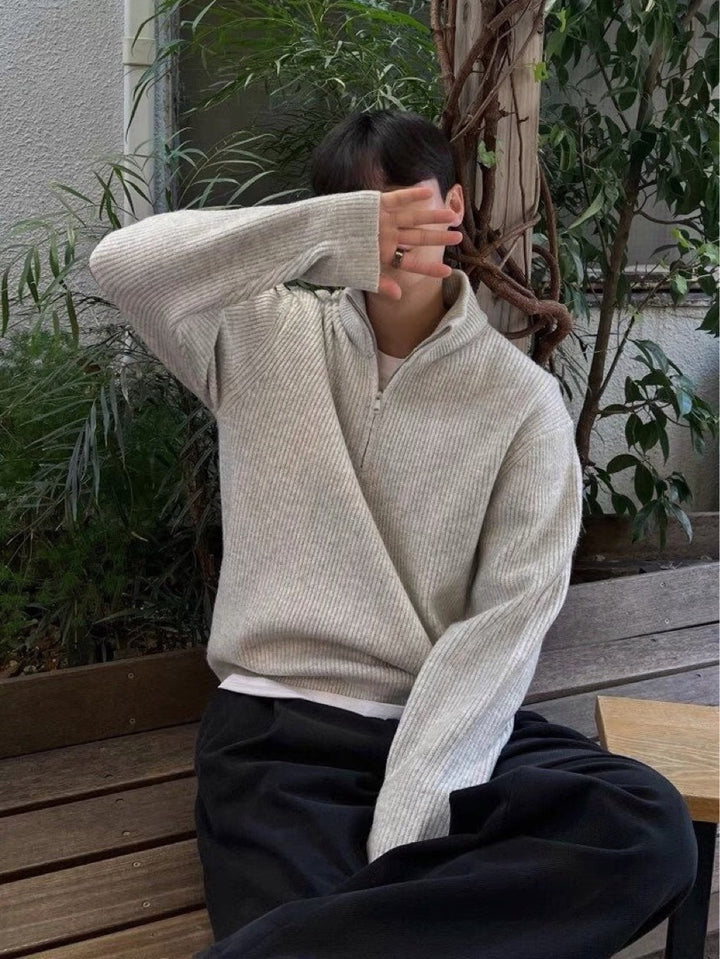 Men's Knit Sweater with Stand-Up Collar and Zipper