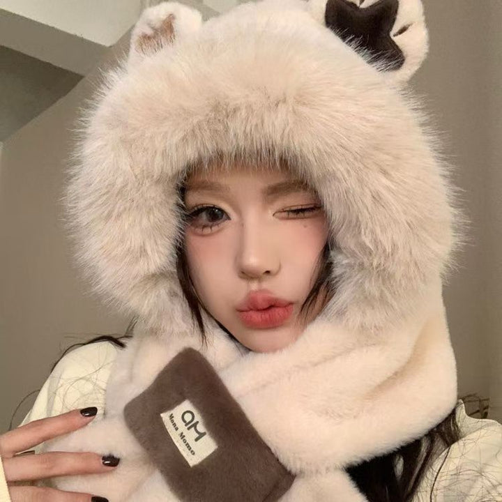 Plush hooded scarf with bear design, lined