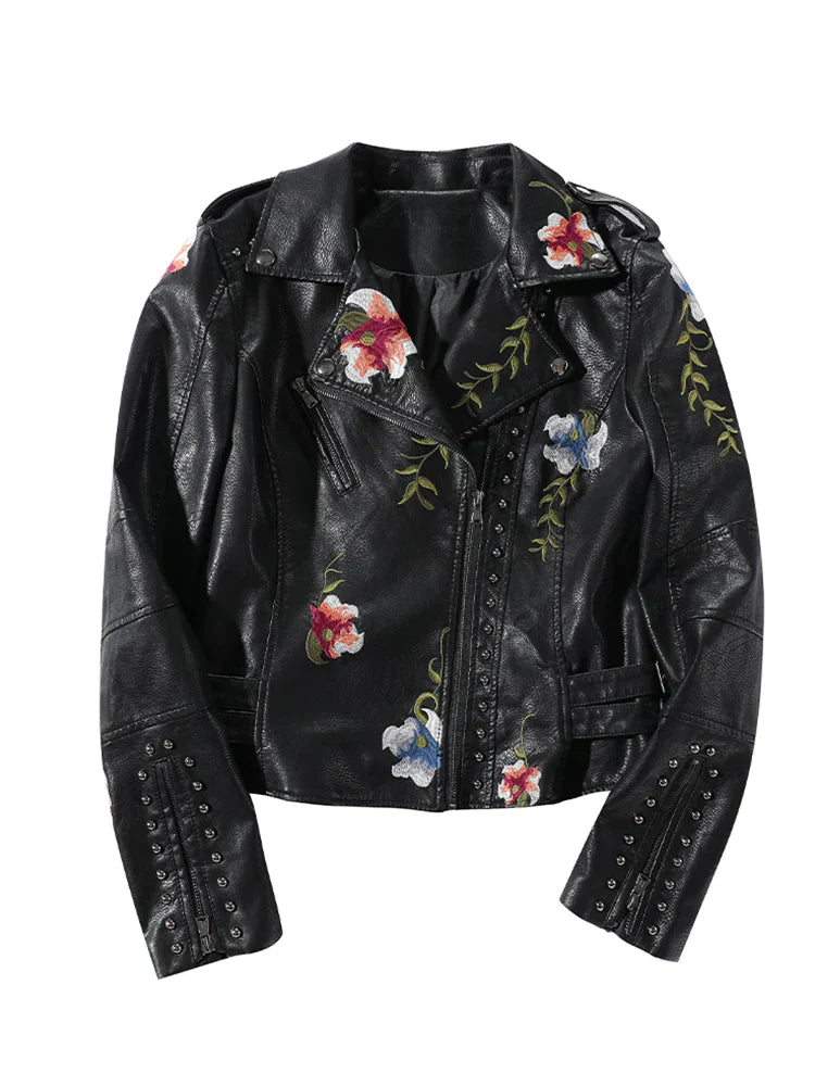 Mune | Women's leather jacket with stud accent and floral pattern