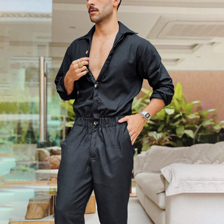 Men's non-utilitarian jumpsuit with shirt collar, elastic waistband, and tapered legs Mune Fashion