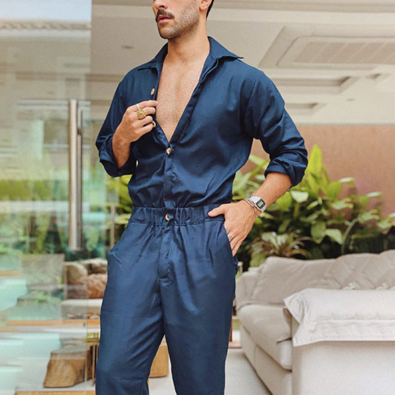 Men's non-utilitarian jumpsuit with shirt collar, elastic waistband, and tapered legs Mune Fashion