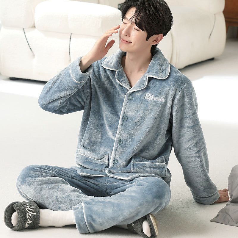 Men's Flannel Pajama Set, Embroidered, Simple