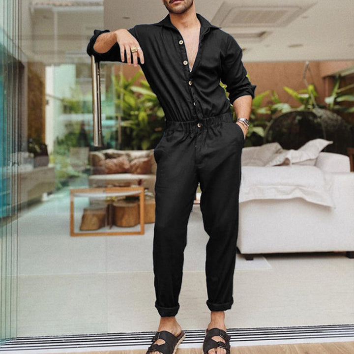 Men's non-utilitarian jumpsuit with shirt collar, elastic waistband, and tapered legs Mune Fashion