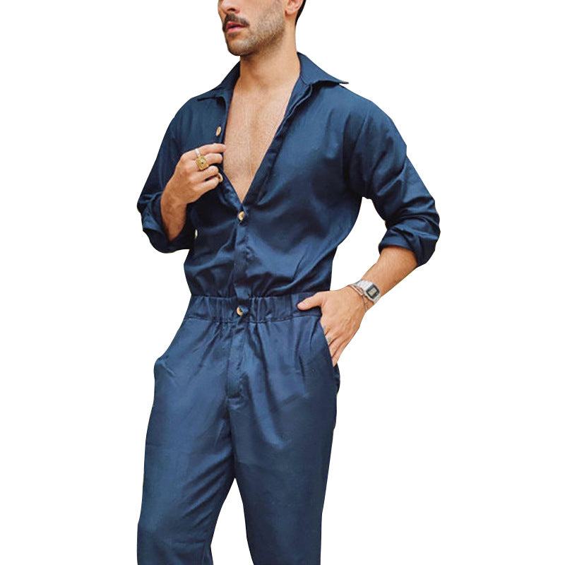 Men's non-utilitarian jumpsuit with shirt collar, elastic waistband, and tapered legs Mune Fashion