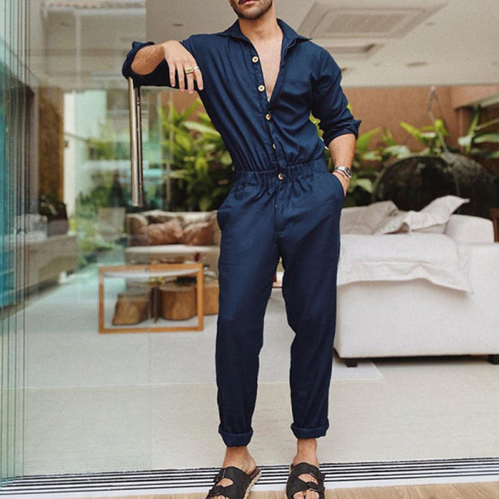 Men's non-utilitarian jumpsuit with shirt collar, elastic waistband, and tapered legs Mune Fashion
