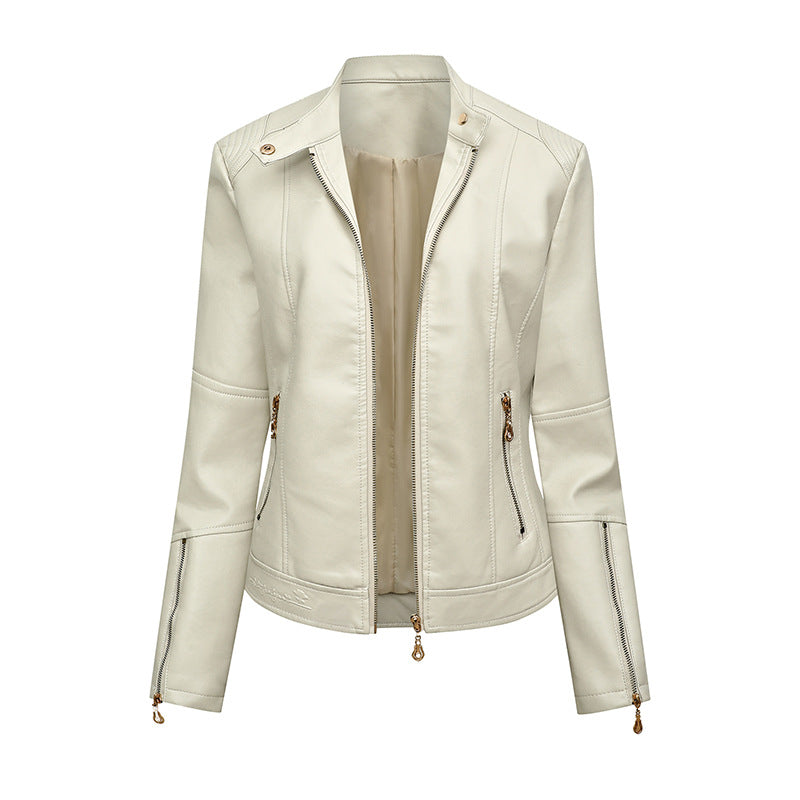 Ladies' Fitted Faux Leather Biker Jacket with Stand-up Collar, Tailored Seams, and Zipper Pockets Mune Fashion
