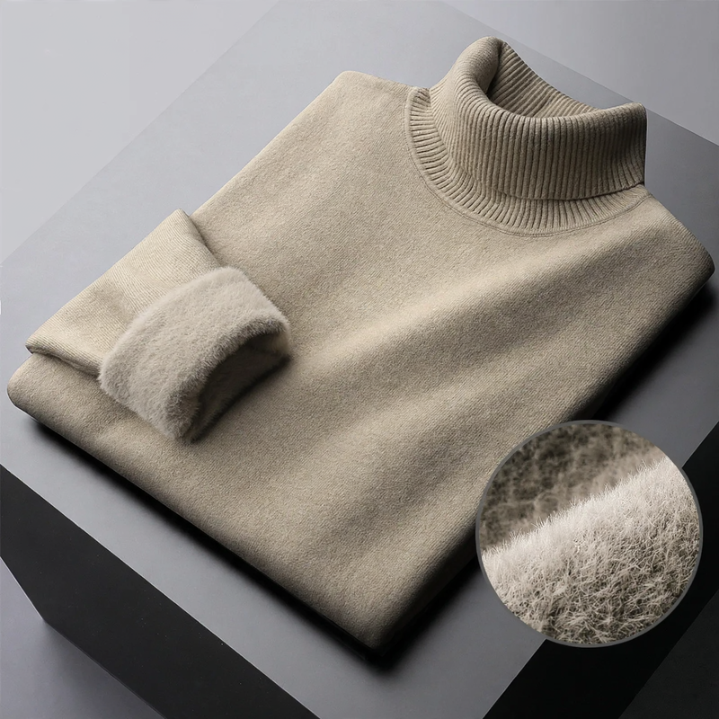 Men's knit sweater with inner lining, lined and warm