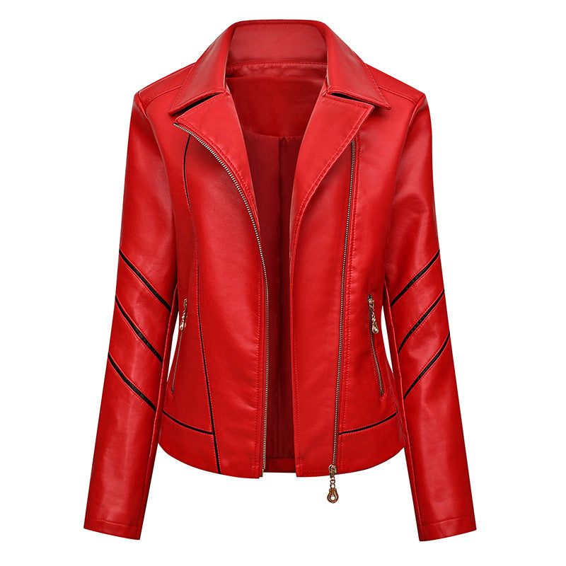 Women's Tailored Faux Leather Biker Jacket with Decorative Seams and Zipper Pockets Mune Fashion
