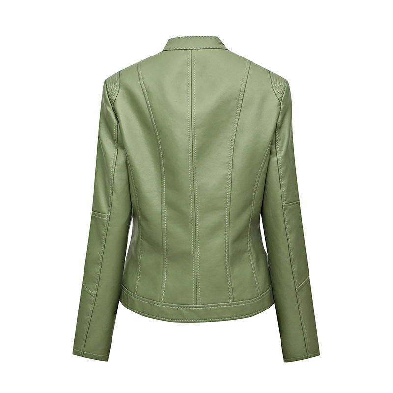 Ladies' Fitted Faux Leather Biker Jacket with Stand-up Collar, Tailored Seams, and Zipper Pockets Mune Fashion