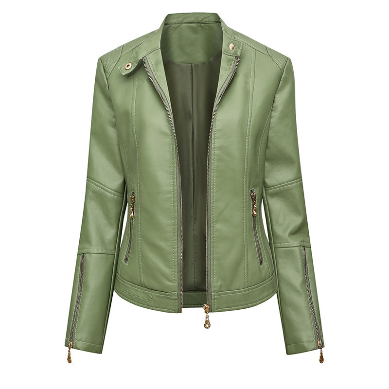 Ladies' Fitted Faux Leather Biker Jacket with Stand-up Collar, Tailored Seams, and Zipper Pockets Mune Fashion