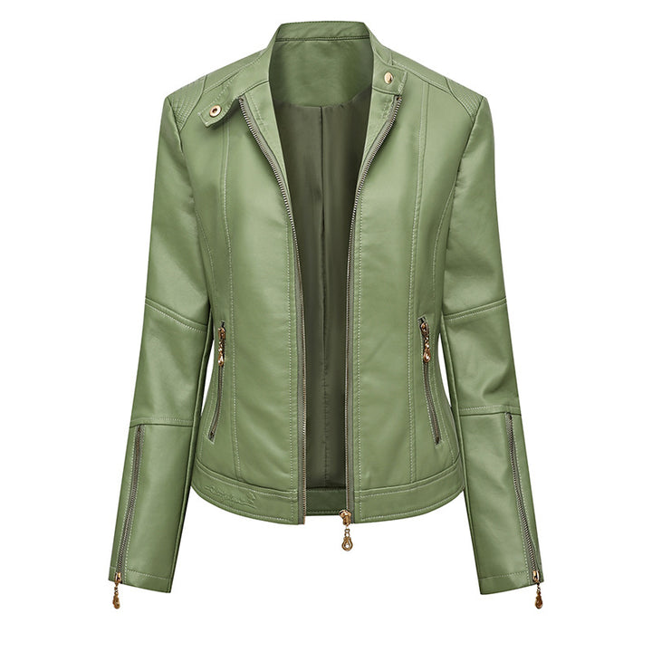 Ladies' Fitted Faux Leather Biker Jacket with Stand-up Collar, Tailored Seams, and Zipper Pockets Mune Fashion