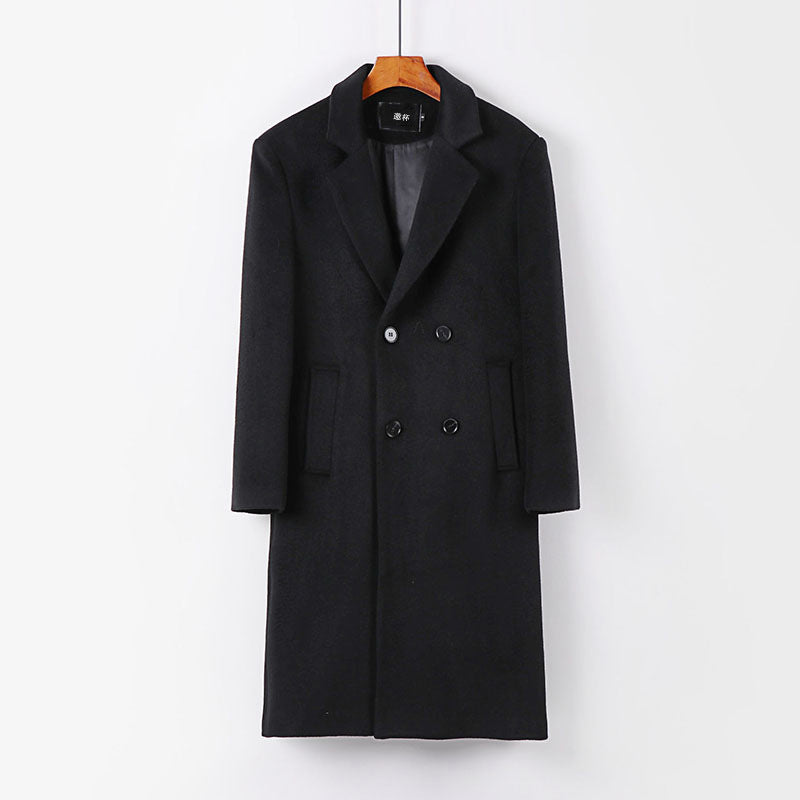Men's Elegant Wool Blend Long Coat with Double-Breasted Front and Draped Lapel Mune Fashion