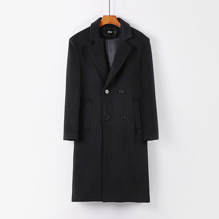 Men's Elegant Wool Blend Long Coat with Double-Breasted Front and Draped Lapel Mune Fashion