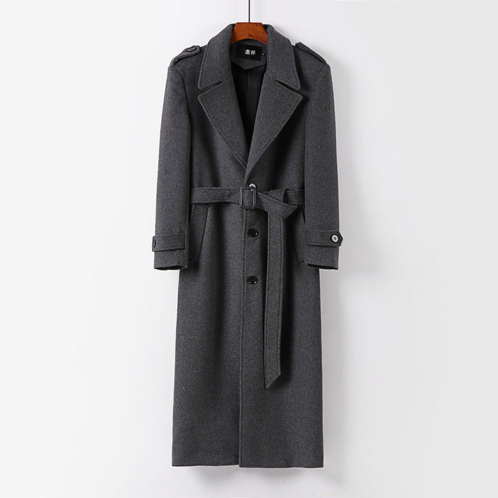 Men's Maxi Length Single-Breasted Wool Coat with Shawl Collar Shoulder Patches and Tie Belt Mune Fashion