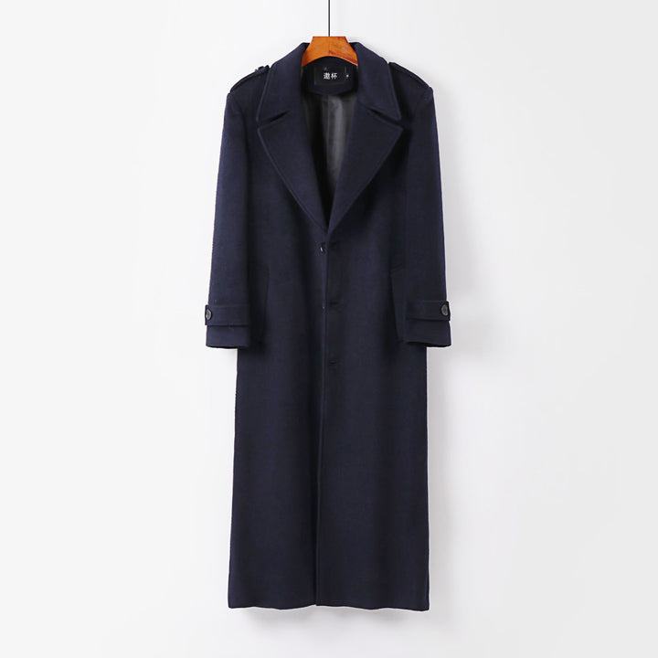 Men's floor-length wool coat with shawl collar, belt, and epaulettes Mune Fashion