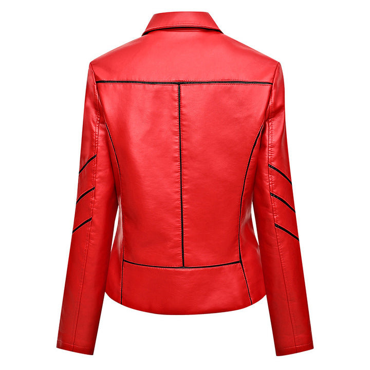 Women's Tailored Faux Leather Biker Jacket with Decorative Seams and Zipper Pockets Mune Fashion