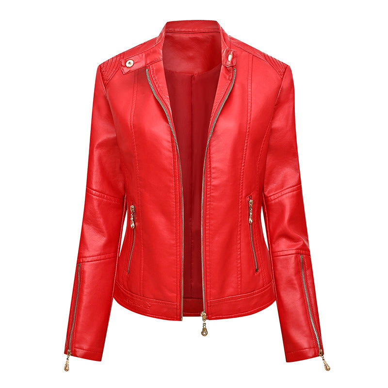 Ladies' Fitted Faux Leather Biker Jacket with Stand-up Collar, Tailored Seams, and Zipper Pockets Mune Fashion