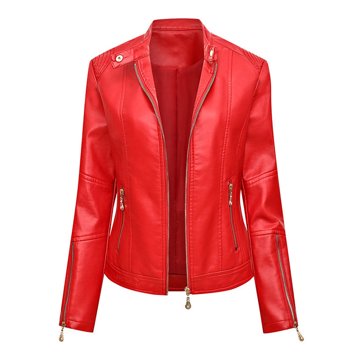 Ladies' Fitted Faux Leather Biker Jacket with Stand-up Collar, Tailored Seams, and Zipper Pockets Mune Fashion